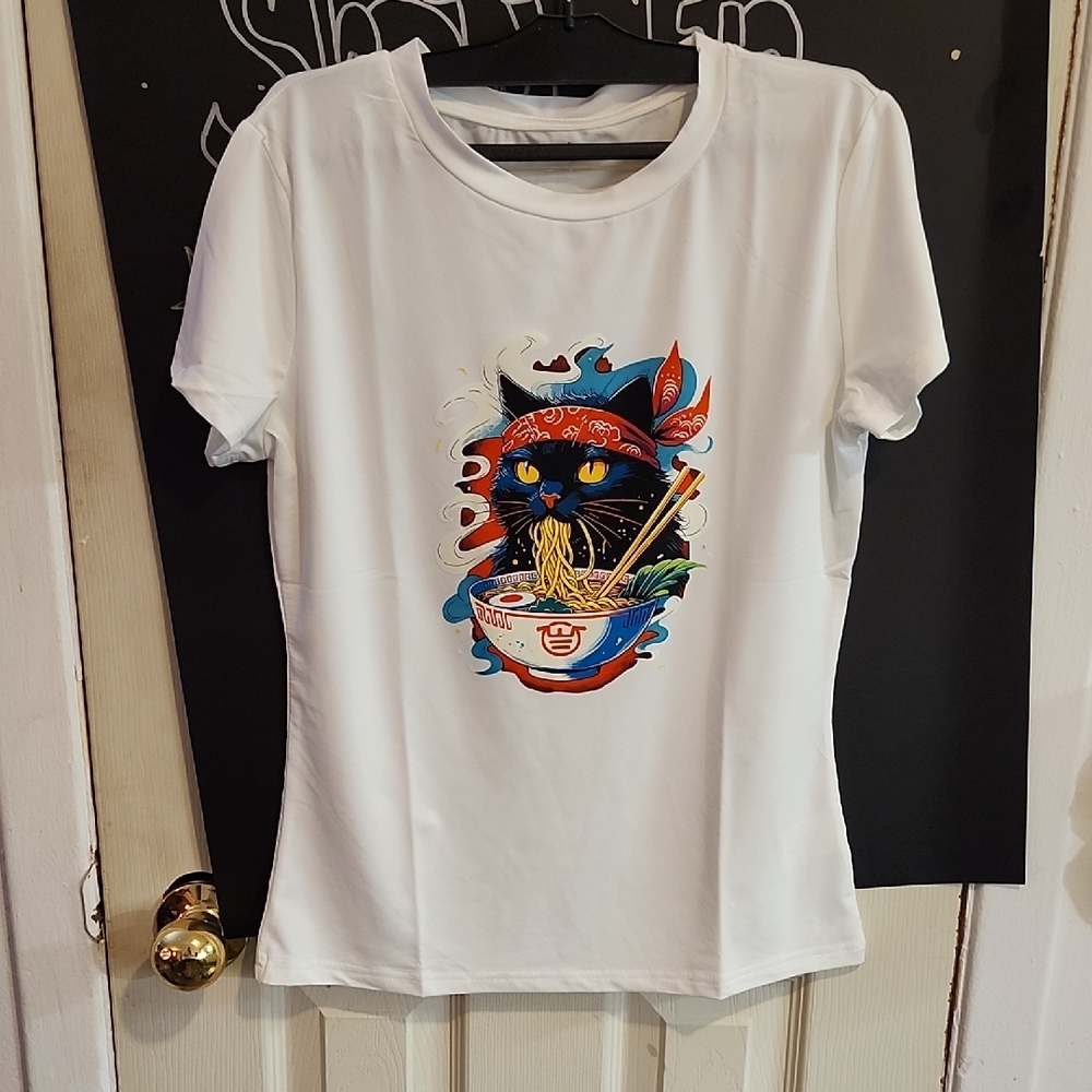 White Short Sleeve Tee with Ramen Cat Graphic